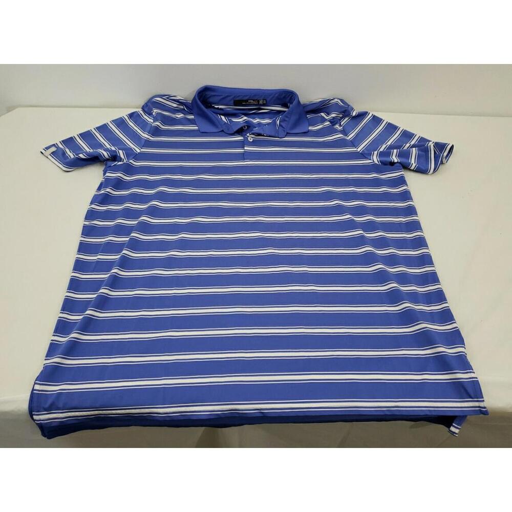 RLX Ralph Lauren Golf Polo Shirt Men’s 2XL Blue White Stripe Short Sleeve Wick